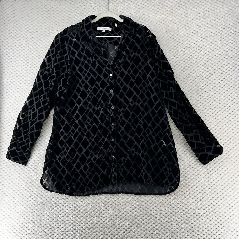 Foxcroft NYC Velvet Burnout Blouse Diamond Pattern Button Down Top 12‎